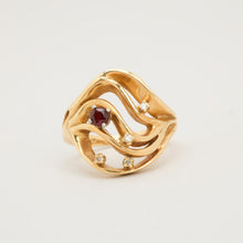 Modern Organic Crossover Ring, 14K Yellow Gold, Garnet & 0.03 ct Diamond Accents, Fluid Minimalist Design, Size 5¾