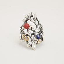 Ole Lynggaard sculptural botanical cluster ring in 925 silver, with moonstone, coral, diamonds (0.08 ct), Size 6½