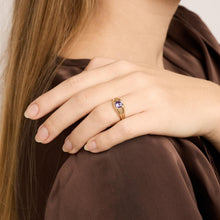 Modern Minimalist 14K Gold Solitaire Ring, Oval Lilac Synthetic Spinel, Bezel Set, Hammered Textured Band, Size 6½