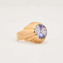 Vintage Inspired 14K Yellow Gold Solitaire Ring, Bezel Set Round Violet Synthetic Sapphire, Fluted Band Detail, Size 5¼