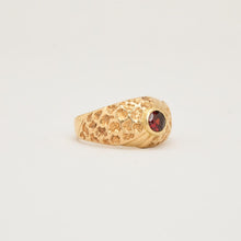 Vintage Solid 14K Yellow Gold Gypsy Ring, Textured Hammered Band, Flush Bezel Set Deep Red Garnet Solitaire, Size 6