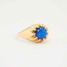 Vintage 14K Yellow Gold Synthetic Blue Spinel Solitaire Ring, Petal Prong Halo, Polished Band, Size 7¾