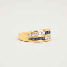 Minimalist 18K Yellow Gold Five-Stone Gypsy Ring, Flush-Set Blue Sapphires & White Diamonds 0.10 CTW, Size 5¾