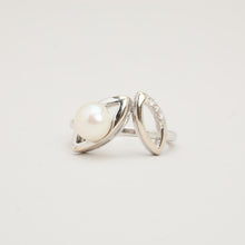 Contemporary Crossover Pearl & Diamond Ring, 18K White Gold Band, 0.02 CTW, Size 4, Modern Minimalist Jewelry