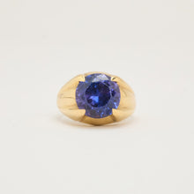 Vintage 14K Yellow Gold Solitaire Ring, Bezel-Set Round Synthetic Sapphire, Hallmarked 585, Size 7¼, Dainty Blue Gemstone, Minimalist Engagement Band