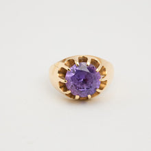 Vintage 14K Yellow Gold Solitaire Ring, Round Synthetic Violet Sapphire, Size 7¼, Prong Setting, Polished Band, Classic Minimalist Design