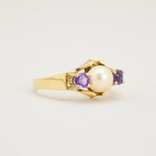 Victorian Inspired Toi et Moi Pearl & Amethyst Ring, 14K Yellow Gold 585 Hallmarked CW, Size 7¼, Vintage Solid Gold Three-Stone Jewelry
